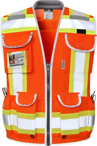 Vista 9 de Dib Safety Chaleco reflectante de malla negra, chaleco de alta visibilidad con bolsillos y cremallera, resistente, fabricado con cinta reflectante