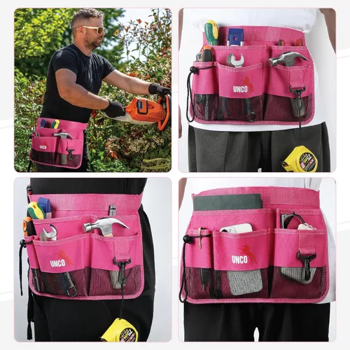 Vista 6 de UNCO - Cinturón de jardinería ajustable, rosa, 7 bolsillos, resistente al desgaste, al corte y al agua, bolsa para cinturón de herramientas