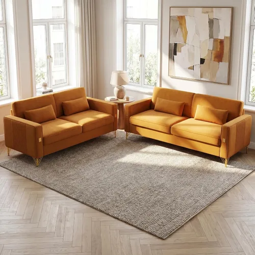 Vista 10 de Sofá de terciopelo de 85.63 pulgadas, moderno sofá biplaza con almohadas, juego de 2 para sala de estar, dormitorio, muebles de apartamento con Beige