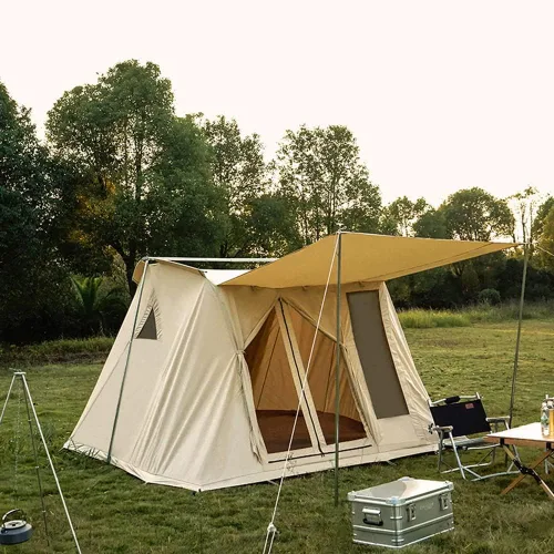 Vista 4 de Tienda de campaña de lona de algodón impermeable para 4 estaciones, refugios para acampar al aire libre con toldo y puertas de malla extra anchas