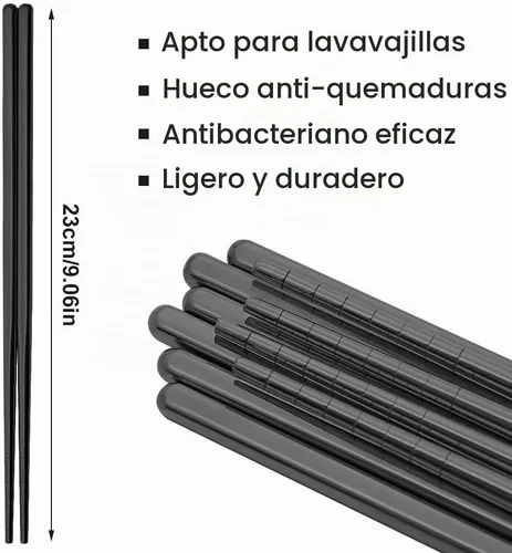 Vista 4 de Palillos de acero inoxidable 304 reutilizables multicolores, ligeros, aptos para lavavajillas – 5 pares (negro)