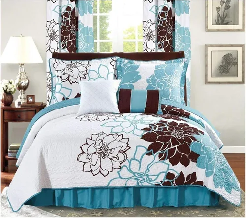 Vista 14 de All American Collection - Juego de edredón reversible con volantes antipolvo, flores Turquesa/Marrón