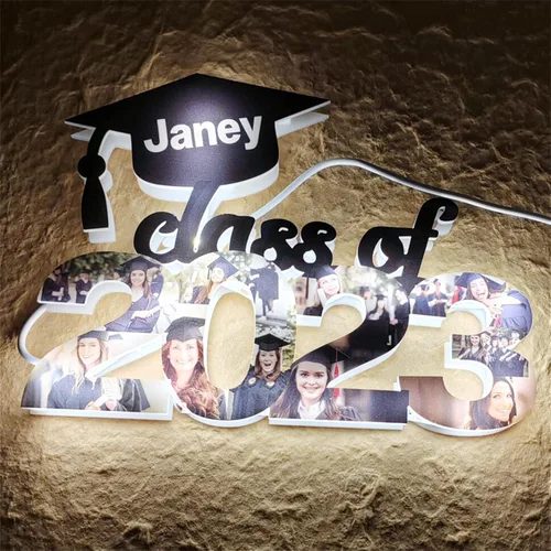 Vista 3 de Luces de pared personalizadas para collage de fotos de 1 a 10 años, gorra de graduación, luz acrílica, decoraciones de temporada de graduación
