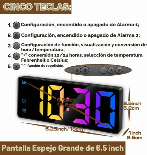 Vista 6 de Reloj Despertador Digital Pequeño, Relojes Electrónicos LED de Superficie Espejada con Pantalla Grande, Brillo Ajustable y Función de Repetición