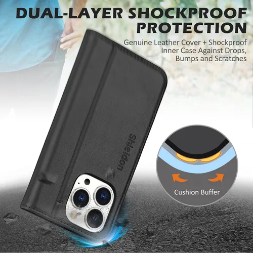 Vista 5 de SHIELDON - Funda tipo cartera de piel auténtica para iPhone 15 Pro de 6.1 pulgadas 2023, color negro Magnetic Closure, RFID Blocking, Credit Card