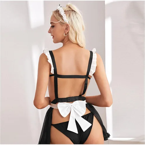 Vista 5 de Disfraz de cosplay sexy de sirvienta, vestido de babydoll con cordones, lencería de peluche, brasier de escuela, mini falda para sexy travieso