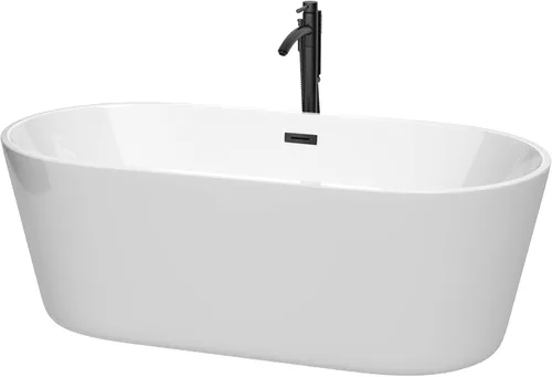 Vista 10 de Carissa - Bañera independiente de 60 pulgadas en color blanco con grifo montado en el suelo, desagüe y desbordamiento en negro mate