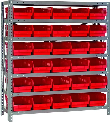 Vista 157 de Quantum QSBU-245BK Heavy Duty Shelving Unit with (7) Shelves and (24) QUS245 Black Bins for Garage Warehouse Storage Distribution 400 lb Load