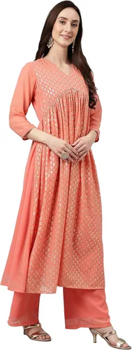 Vista 6 de Janasya Indian Peach Georgette Foil Print Kurta con Palazzo y Dupatta para mujer