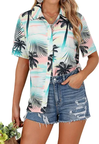 Vista 2 de ZXZY Camisetas de verano para mujer, con estampado floral tropical, manga corta, con botones, Verde