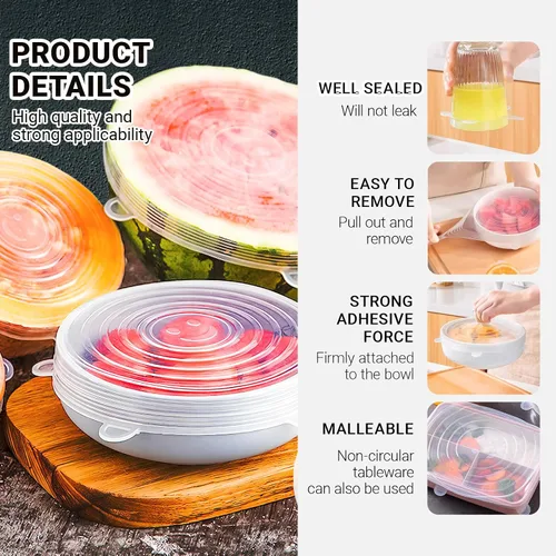 Vista 4 de Paquete de 4 tapas elásticas de silicona reutilizables de 4.5 pulgadas, fundas de silicona para almacenamiento de alimentos, tapas elásticas