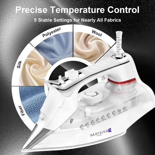Vista 5 de Martisan Plancha de vapor para ropa, 1800 W, suela de nano cerámica, ráfaga de vapor dinámica, termostato preciso para todas las telas, apagado