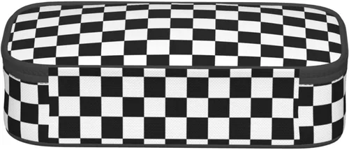 Vista 3 de Perinsto Estuche de lápices a cuadros en blanco y negro de gran capacidad, con múltiples compartimentos, caja de papelería, tablero de ajedrez