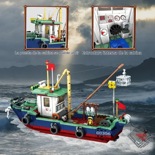 Vista 3 de Juego de bloques de construcción de barcos de pesca, juego de bloques de construcción de pesca en el mar, juego de juguetes de colección
