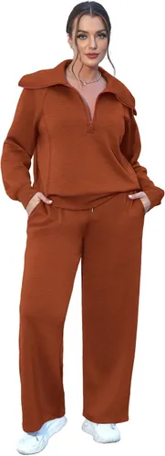 Vista 3 de XIEERDUO Conjuntos de descanso para mujer 2023 sudadera de gran tamaño con media cremallera y pantalón deportivo de pierna ancha de 2 piezas