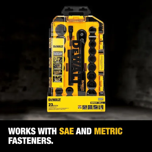 Vista 2 de DEWALT - Juego de llaves de impacto con carraca, métrica/SAE, 1/2" de transmisión, juego de 23 piezas con estuche (DWMT74739)
