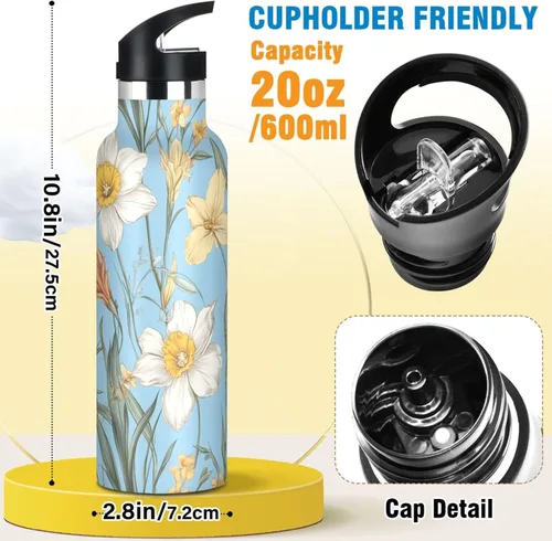 Vista 2 de Flores de otoño, tulipán, narciso, gladiolo, azul, doble pared, aisladas al vacío, botellas de agua con pajitas, a prueba de fugas, sin BPA, a