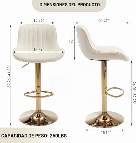 Vista 3 de Juego de 2 taburetes de bar giratorios de terciopelo con respaldo y reposapiés, sillas de bar doradas modernas ajustables para isla de cocina, bar