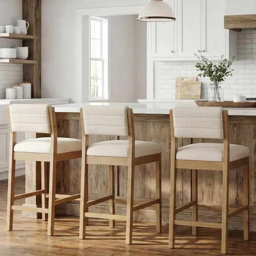Vista 7 de CIMOTA Taburete de bar de 26 pulgadas de alto, taburete de bar de madera con respaldo, taburetes de isla de cocina tapizados de lino, silla de barra