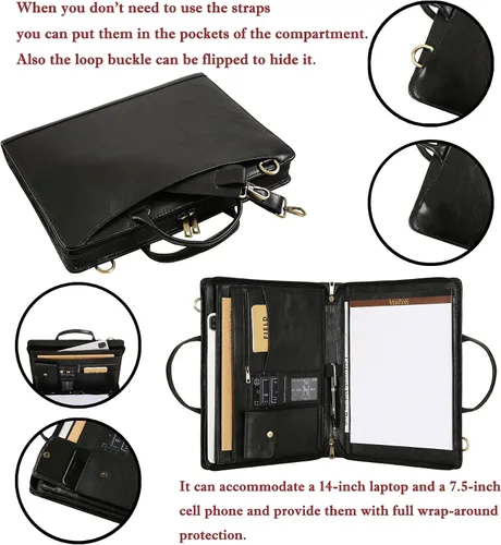 Vista 3 de Organizador de cuero genuino, maletín profesional de cuero de negocios con correa, 14 × 10.5 pulgadas personalizado Padfolio de cuero con asa, negro