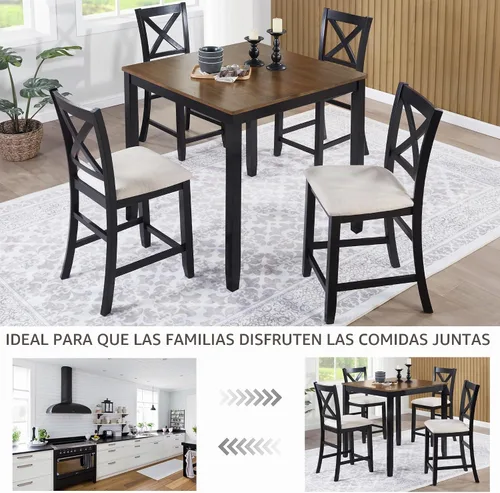 Vista 8 de Juego de mesa de comedor de 5 piezas para 4, juego de mesa de comedor cuadrada de madera maciza, juego de mesa de cocina con mesa cuadrada y 4