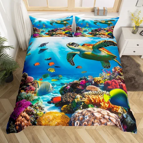 Vista 11 de Erosebridal Hawaii - Juego de funda de edredón de playa individual, color azul océano, funda de edredón de tablones de madera rústica, funda