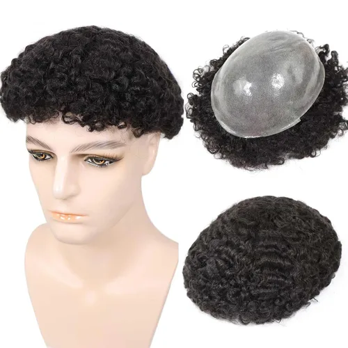 Vista 16 de HAPPY&CC Manejar cabello afro unidad negro hombres cabello humano toupee peluca francesa encaje pieza de pelo sistema de reemplazo para hombres #1