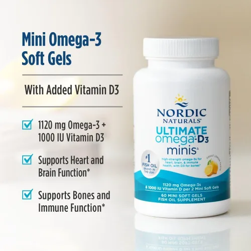 Vista 3 de Nordic Naturals Ultimate Omega Mini D3, sabor a limón, 60 mini geles suaves, 1120 mg de omega-3 + 1000 UI de vitamina D3, EPA y DHA, promueve