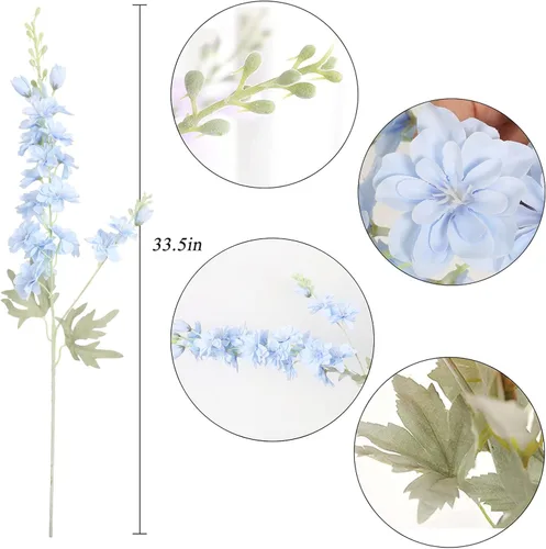 Vista 2 de IPOPU Flores Falsas Delphinium de 33.5 pulgadas, Flores Artificiales de Seda, 6 Piezas Azul Claro Larkspur Flores Artificiales de Tallo Largo