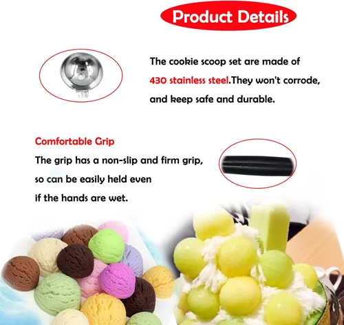 Vista 3 de Paquete de 2 cucharas de bola de helado de fruta de doble extremo, bola de fruta de acero inoxidable 430, bolas de melón redondas lisas para sandía