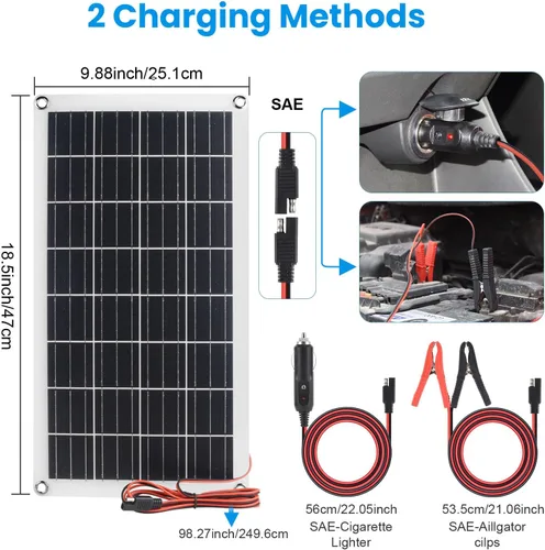 Vista 2 de Cargador y mantenedor de batería solar de 20 W, panel solar impermeable de 12 V con protección inteligente de 3 etapas, encendedor de cigarrillos +