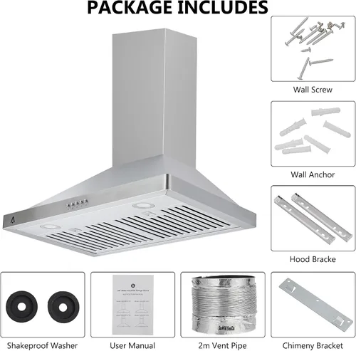 Vista 7 de Campana extractora de 30 pulgadas, montaje en pared con 400 CFM, campana extractora de acero inoxidable con control táctil, ventilador de escape