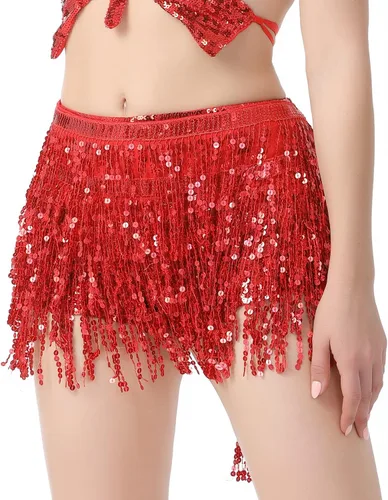 Vista 3 de DOOVID Falda de danza del vientre, falda bohemia con borlas y lentejuelas para mujer, faldas brillantes para fiesta de Halloween
