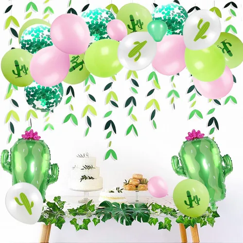 Vista 4 de Decoraciones de fiesta de cactus suculenta para fiesta de cumpleaños con globos de cactus, guirnalda, arco de plantas, globos de aluminio