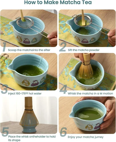 Vista 3 de Juego de batidor de matcha, 18 onzas, 7 piezas, kit de matcha japonés, incluye cuenco de matcha con boquilla, batidor de bambú, soporte de Chasen