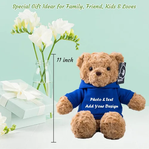 Vista 4 de Oso de peluche personalizado, juguetes de peluche con texto personalizado + imagen como regalo personalizado para novia/novio (11 pulgadas, azul)
