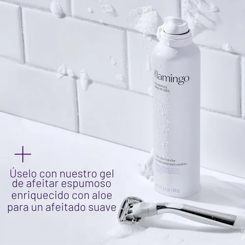 Vista 4 de Flamingo Juego de maquinilla de afeitar para mujer, mango de afeitar, 4 recambios de cuchillas de afeitar, soporte de ducha, cromado Cromo
