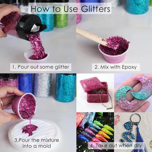 Vista 6 de Brillantina gruesa, 18 frascos de colores surtidos para manualidades, cuerpo, maquillaje y purpurina para uñas.