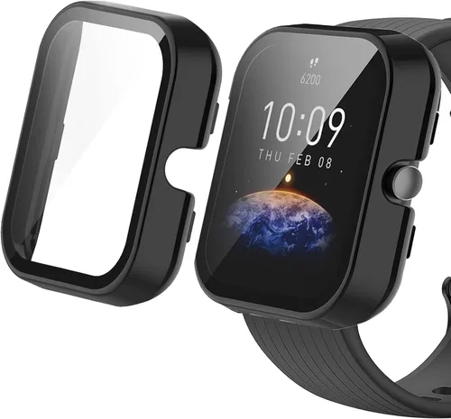 Vista 7 de Compatible con Amazfit Bip 3 Pro, Lamshaw Hard PC Case con protector de pantalla de vidrio templado compatible con Amazfit Bip 3 / Bip 3 Pro Paquete