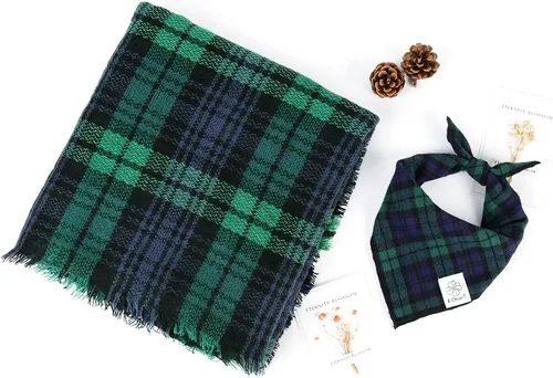 Vista 7 de E-Clover Bandanas navideñas para perros, bufanda a juego para el propietario, bufanda a cuadros para perro, baberos con bufandas de tartán, chal