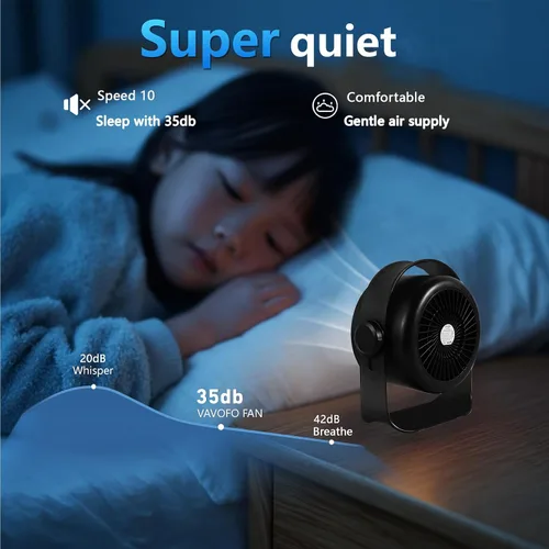 Vista 3 de VAVOFO Ventilador de Escritorio, Pequeño Ventilador de Mesa LED Portátil Silencioso, Inclinación de 180°, 100 Velocidades, 5 Modos, Ventilador