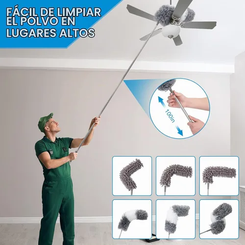 Vista 2 de Plumero extensible de microfibra (11 piezas) con poste de extensión de 100 pulgadas, lavable y reutilizable y flexible para limpiar ventilador