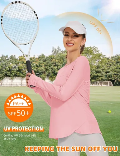 Vista 2 de Blingfit Camisas de entrenamiento para mujer, camisetas atléticas de manga larga UPF 50+, camisetas de protección solar con agujero para el pulgar