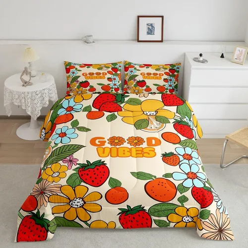 Vista 27 de Lindo juego de edredón de flores para niños y mujeres. Juego de ropa de cama de flores coloridas de dibujos animados, tamaño individual, bonito