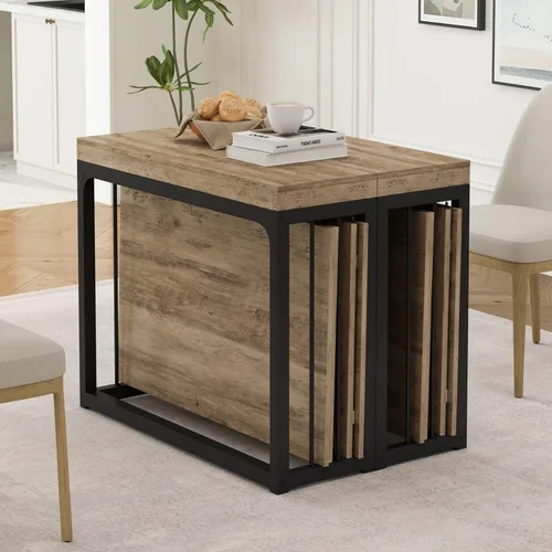 Vista 4 de KEIKI Mesa de comedor plegable extensible de 23.62 a 118 pulgadas de largo para 2 a 10 personas, muebles de madera moderna y rústica rectangular