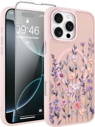 Vista 73 de Magnético para iPhone 13 con protector de pantalla [Compatible con MagSafe] Diseño de patrón floral de flores bonitas, funda delgada a prueba