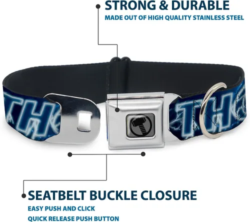 Vista 4 de Collar de perro hebilla para cinturón de seguridad Avengers Thor Hammer Action Pose Galaxy Blues Blanco 9 a 15 pulgadas 1.0 pulgadas de ancho