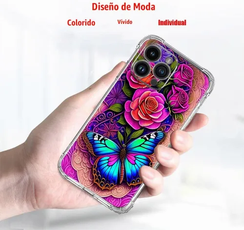 Vista 3 de Funda para iPhone 14 Pro Max, protección contra caídas de flores de mariposa azul, rosa, a prueba de golpes, carcasa protectora de cuerpo completo