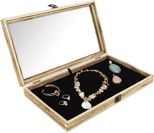 Vista 4 de Alhajerocaja para almacenar cuentas con tapa de vidrio templado y terciopelo negro. Caja de muestra de medallas, premios, alhajas y cuchillos.