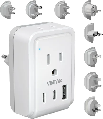 Vista 10 de VINTAR - Kit de adaptador de viaje universal, adaptador de enchufe internacional con 3 puertos USB (2 USB C, 3.4 A) y 2 salidas americanas, tipo A